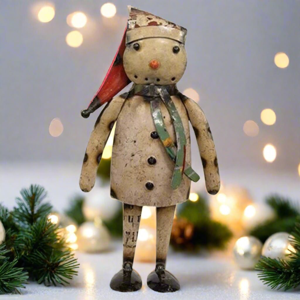 Primitive Christmas 10.25&quot; Recycled Metal Snow Woman Anna Figurine - The Primitive Pineapple Collection
