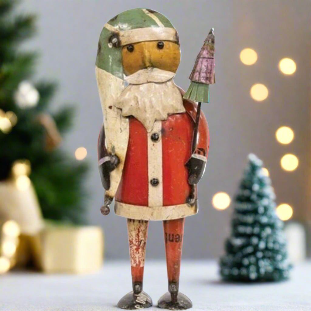 Primitive Christmas 10.5&quot; Recycled Metal Father Christmas Santa w/ Tree - The Primitive Pineapple Collection