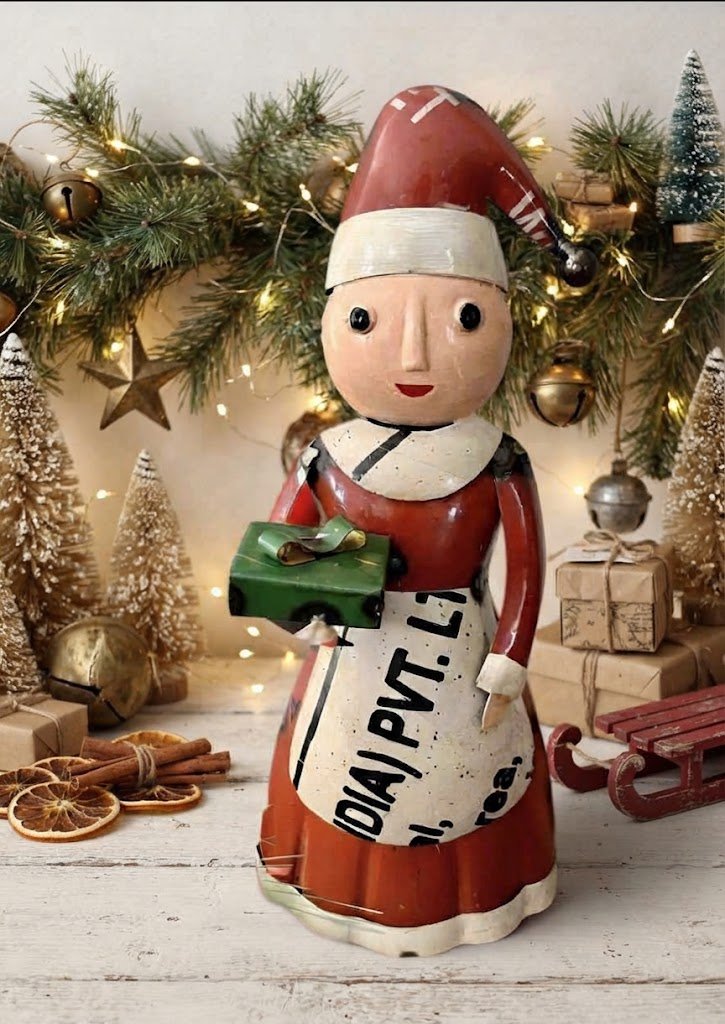 Primitive Christmas 10" Recycled Metal Mrs Claus w/ Present Figurine - The Primitive Pineapple Collection