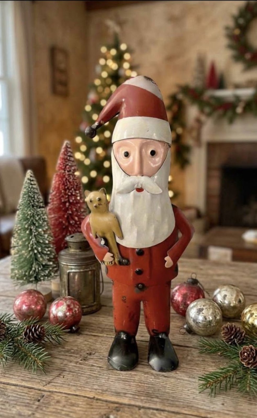 Primitive Recycled Metal Santa Claus with Teddy Bear Figurine, 10.25" - The Primitive Pineapple Collection