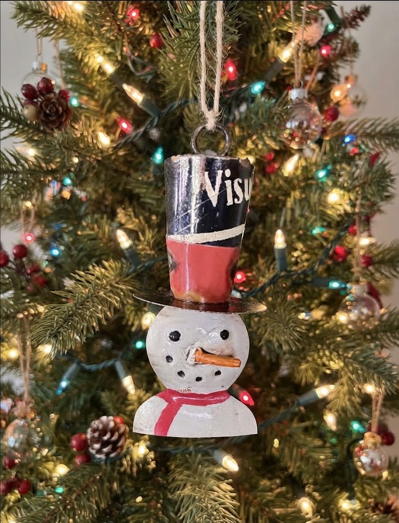 Primitive Christmas 4.5" Recycled Metal Snowman with Top Hat Ornament