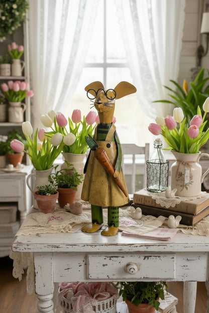 Primitive Spring Easter Recycled Metal Hazel Rabbit w/ Glasses 11.75" Figurine - The Primitive Pineapple Collection