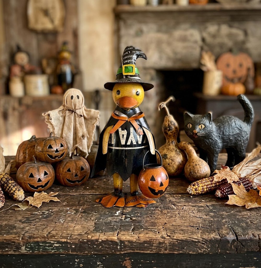 Primitive Halloween Recycled Metal Sabrina Witch w/ Jack O lantern Bucket Figurine - The Primitive Pineapple Collection