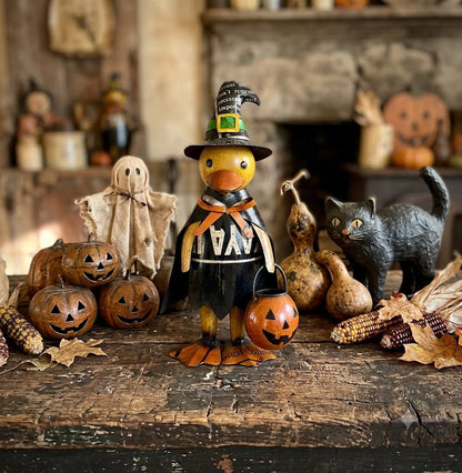 Primitive Halloween Recycled Metal Sabrina Witch w/ Jack O lantern Bucket Figurine - The Primitive Pineapple Collection