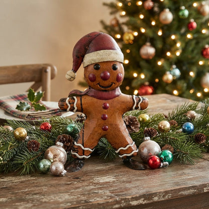 Primitive Christmas 9" Recycled Metal Gingerbread Man w/ Santa Hat Figurine
