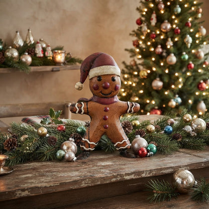 Primitive Christmas 9" Recycled Metal Gingerbread Man w/ Santa Hat Figurine