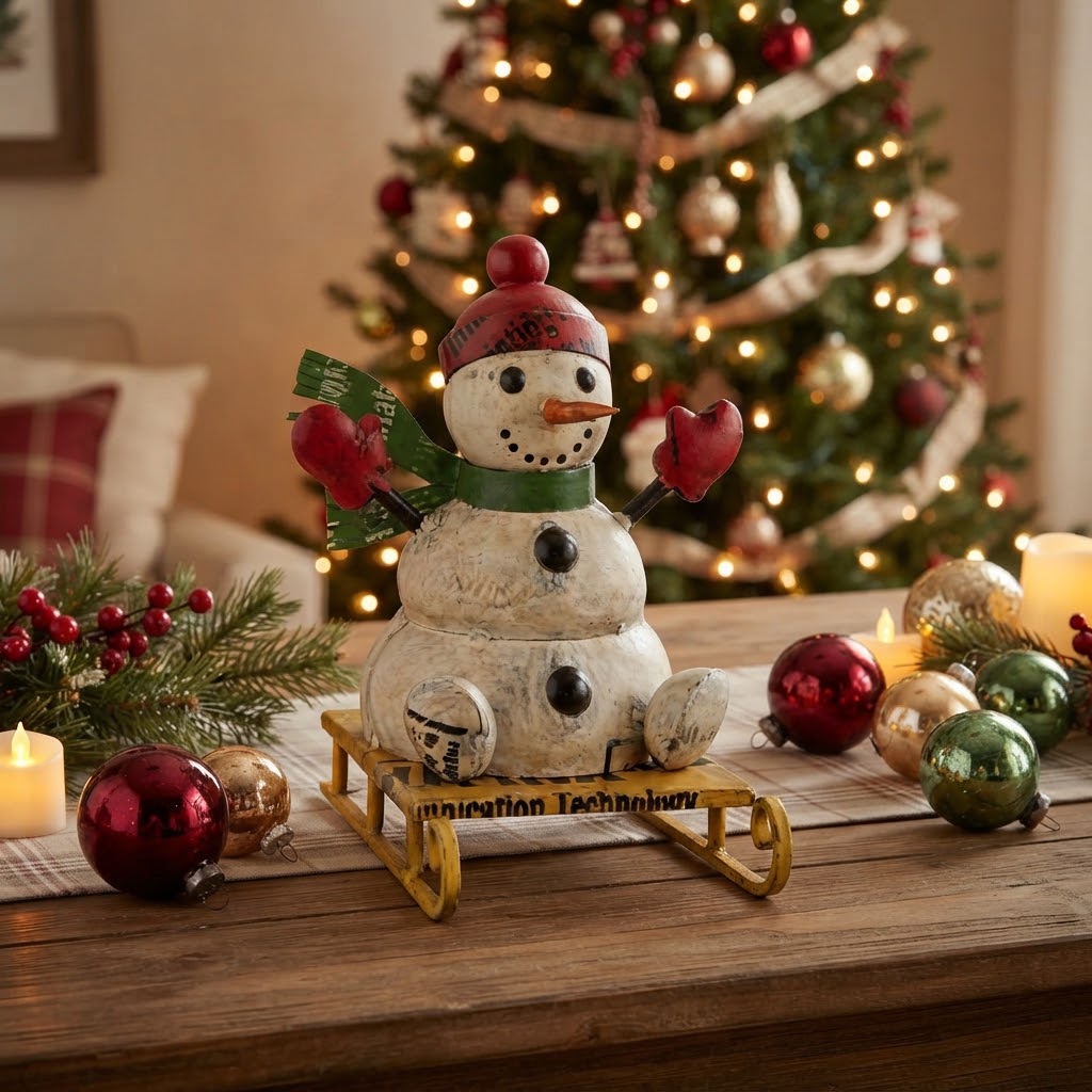 Primitive Christmas 9" Recycled Metal Mcflurry Snowman on Sled Figurine