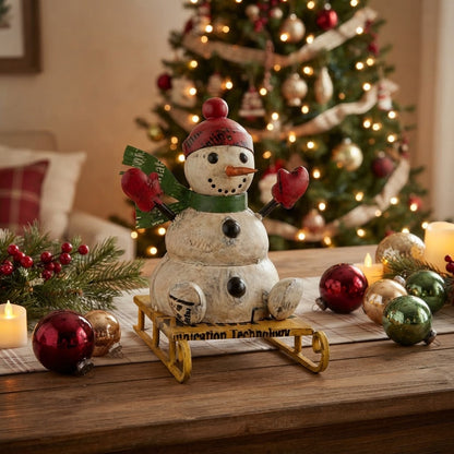 Primitive Christmas 9" Recycled Metal Mcflurry Snowman on Sled Figurine