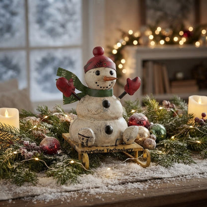 Primitive Christmas 9" Recycled Metal Mcflurry Snowman on Sled Figurine