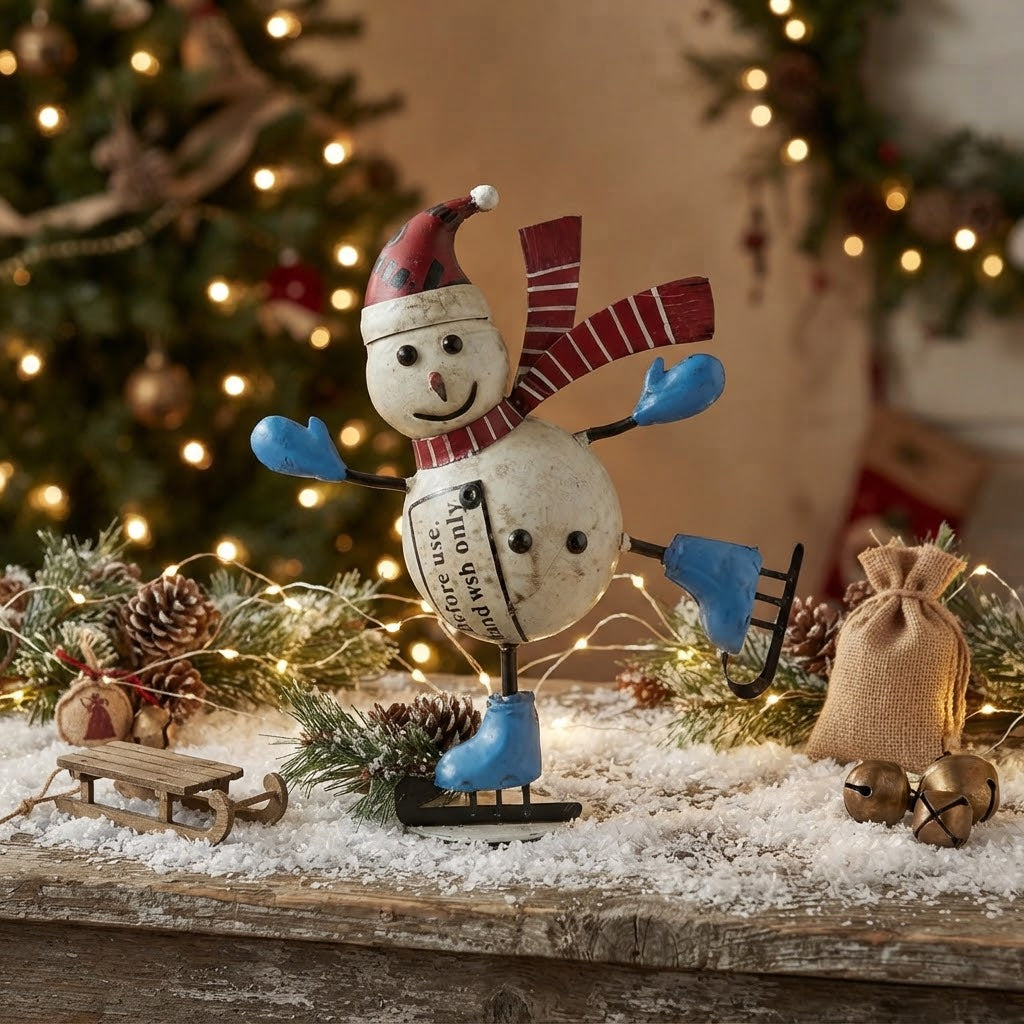 Primitive Christmas 11.5" Recycled Metal Snowbell Skating Snow Woman Figurine