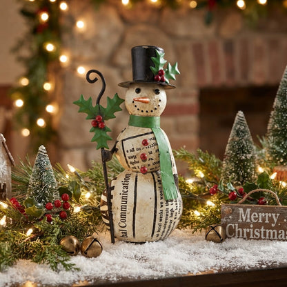 Primitive Christmas 11.5" Recycled Metal Alpine Snowman with Walking Stick