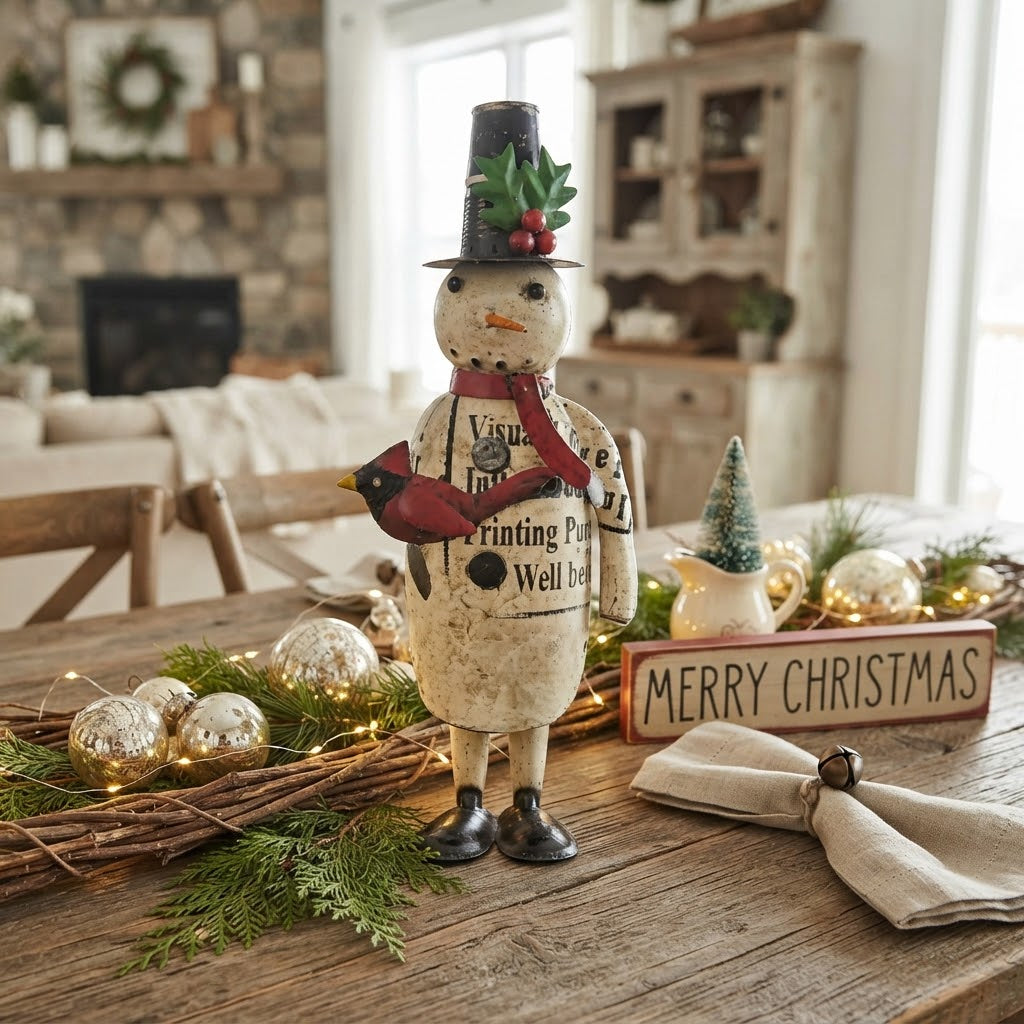 Primitive Christmas 12" Recycled Metal Wes Snowman with Top Hat Figurine