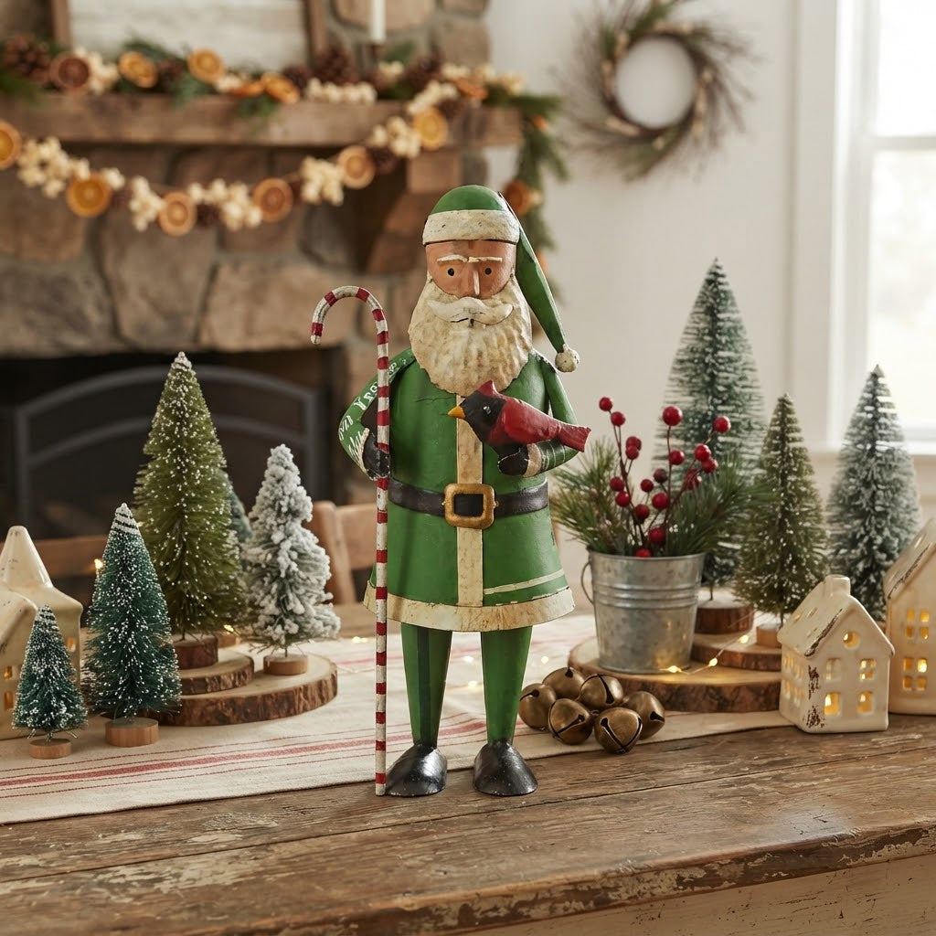 Primitive Christmas 11" Recycled Metal Candy Cane Santa Figurine