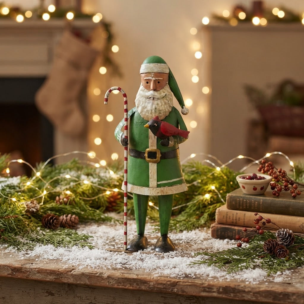 Primitive Christmas 11" Recycled Metal Candy Cane Santa Figurine