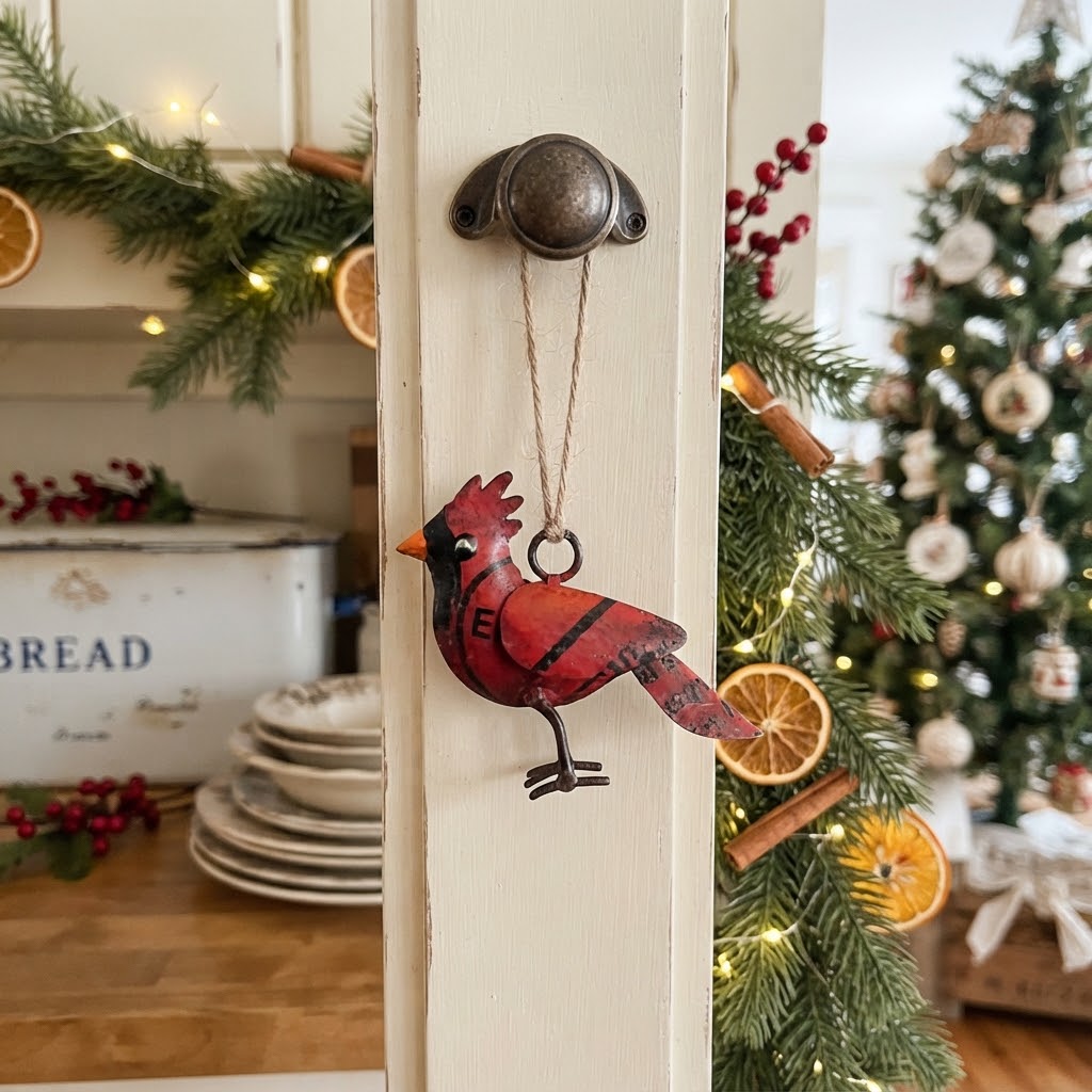 Primitive Christmas Recycled Metal Cardinal Ornament, 3"
