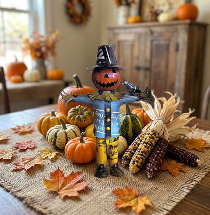 Primitive Halloween Recycled Metal Scarecrow with Crow Figurine - The Primitive Pineapple Collection