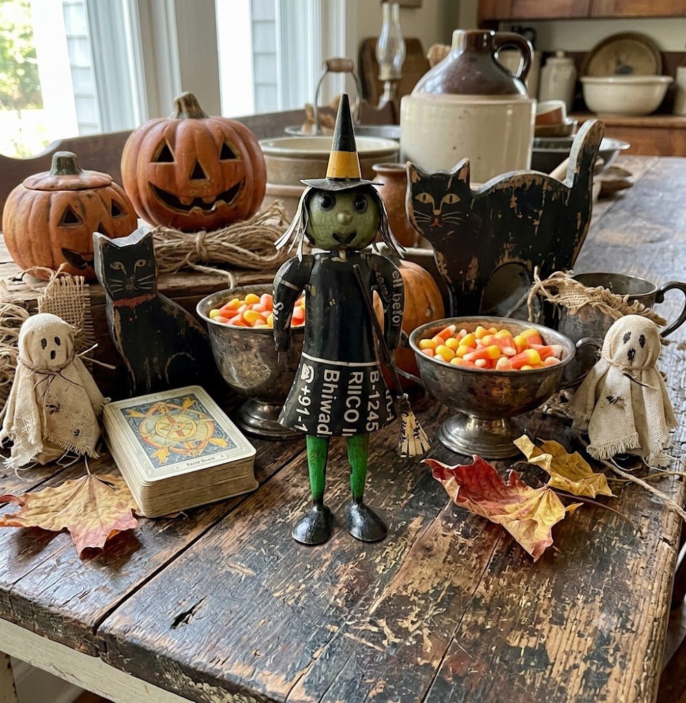 Primitive Halloween Recycled Metal Willa the Happy Witch with Broom 12.5" - The Primitive Pineapple Collection