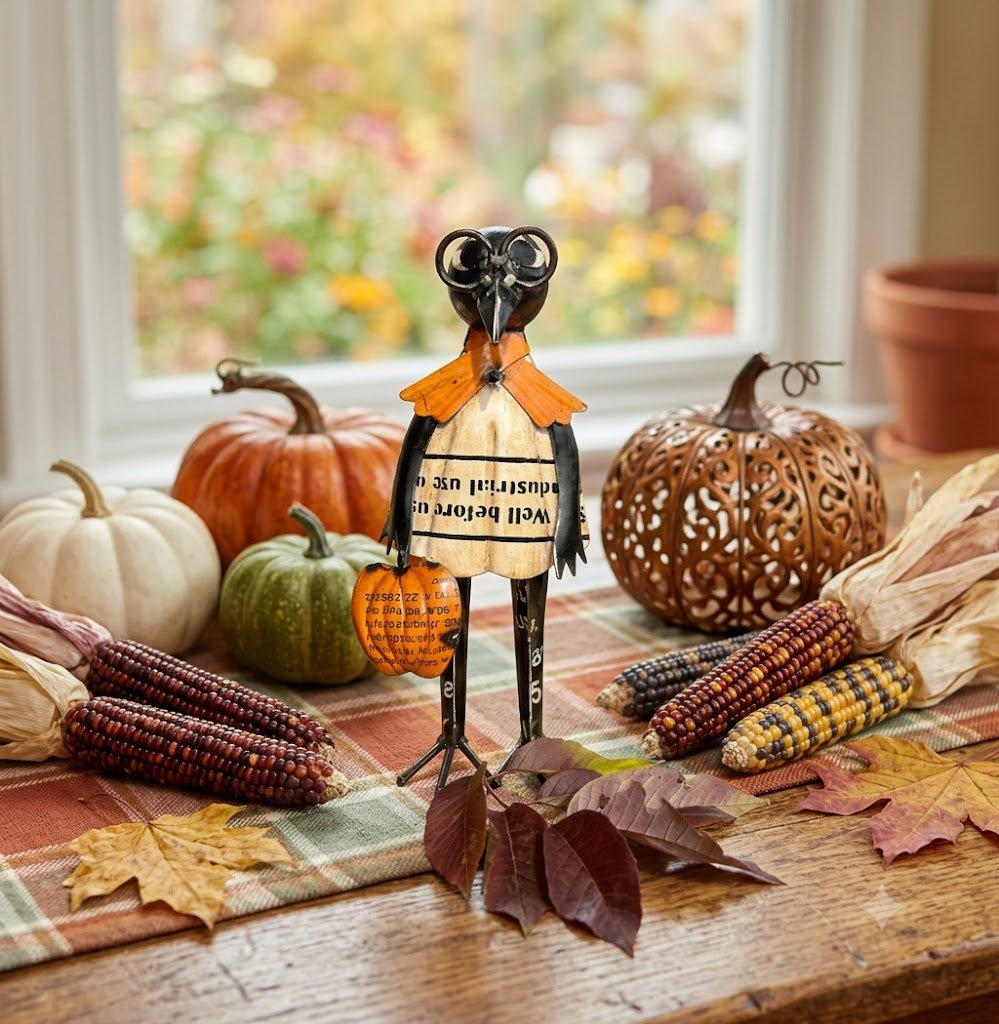 Primitive Halloween Fall Recycled Metal Black Crow w/ Pumpkin 10.5" - The Primitive Pineapple Collection