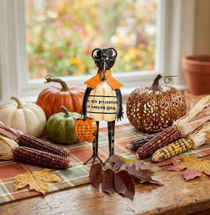 Primitive Halloween Fall Recycled Metal Black Crow w/ Pumpkin 10.5" - The Primitive Pineapple Collection