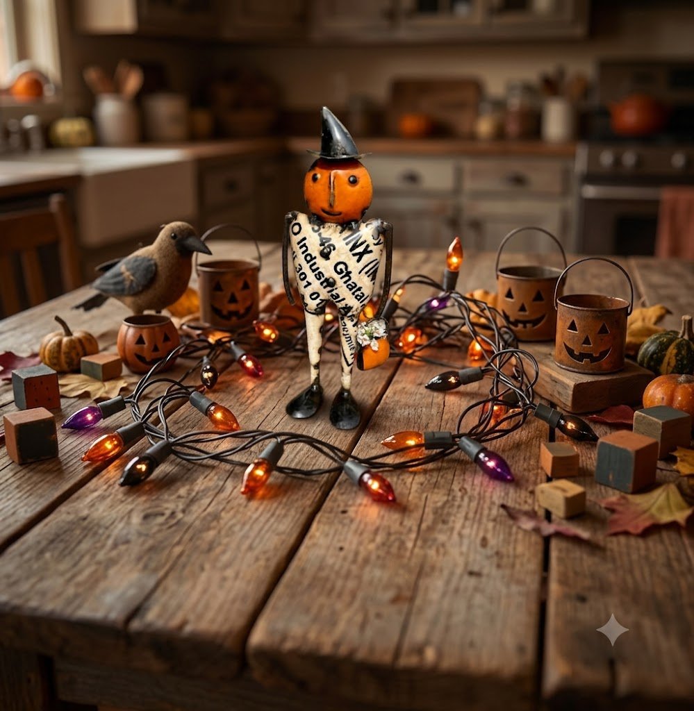 Primitive Halloween Recycled Metal Pauly Pumpkin Man Figurine 10.5" - The Primitive Pineapple Collection