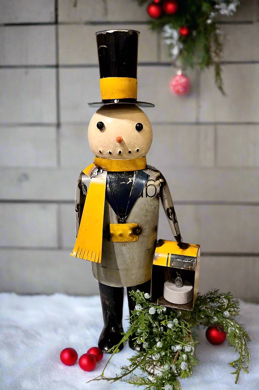 Primitive Christmas 14” Recycled Metal Snowman with Lantern - The Primitive Pineapple Collection