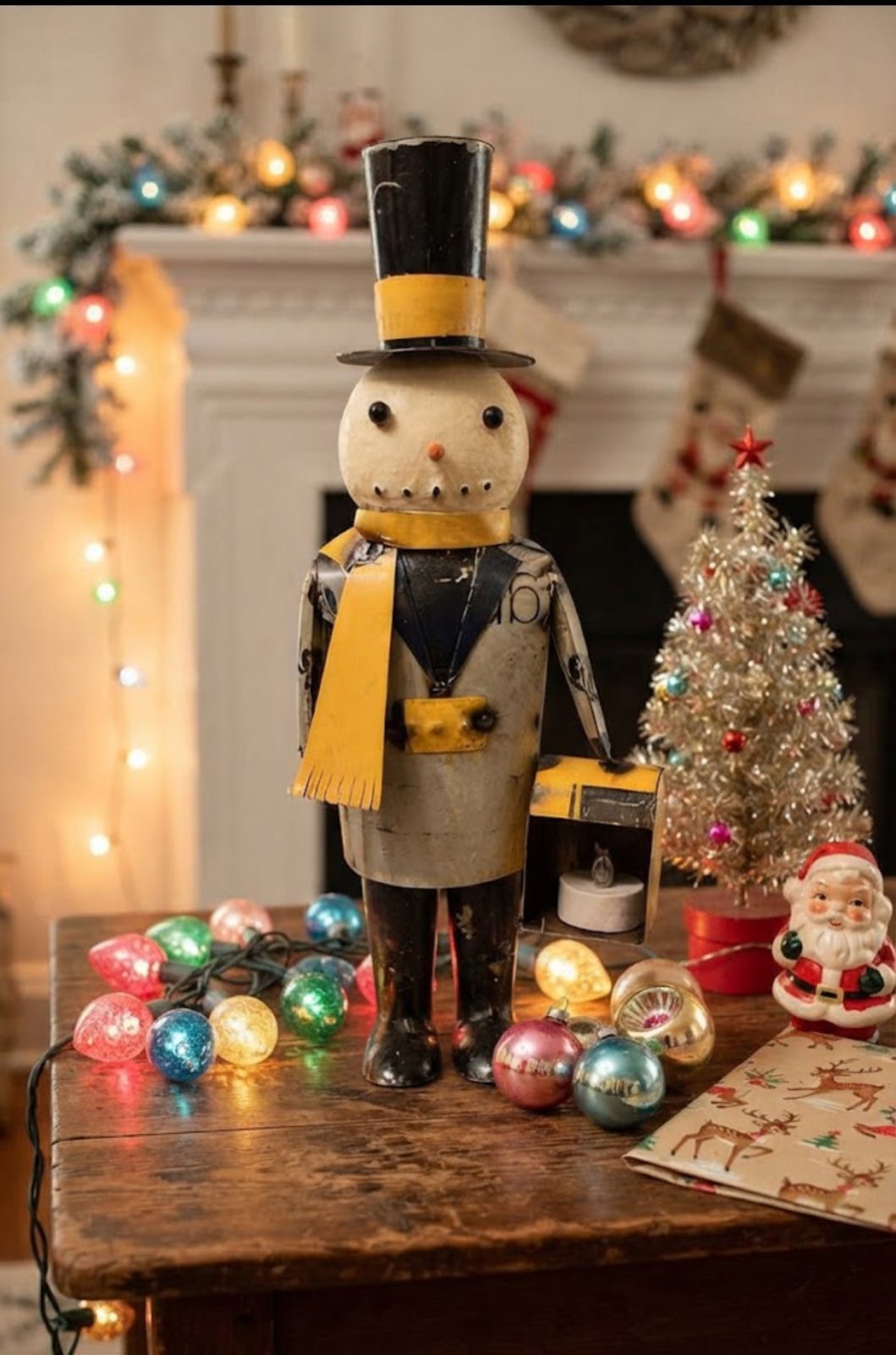 Primitive Christmas 14” Recycled Metal Snowman with Lantern - The Primitive Pineapple Collection