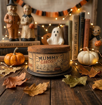 Primitive Handcrafted USA  7" Retro Halloween Mummy and Ghost Tin