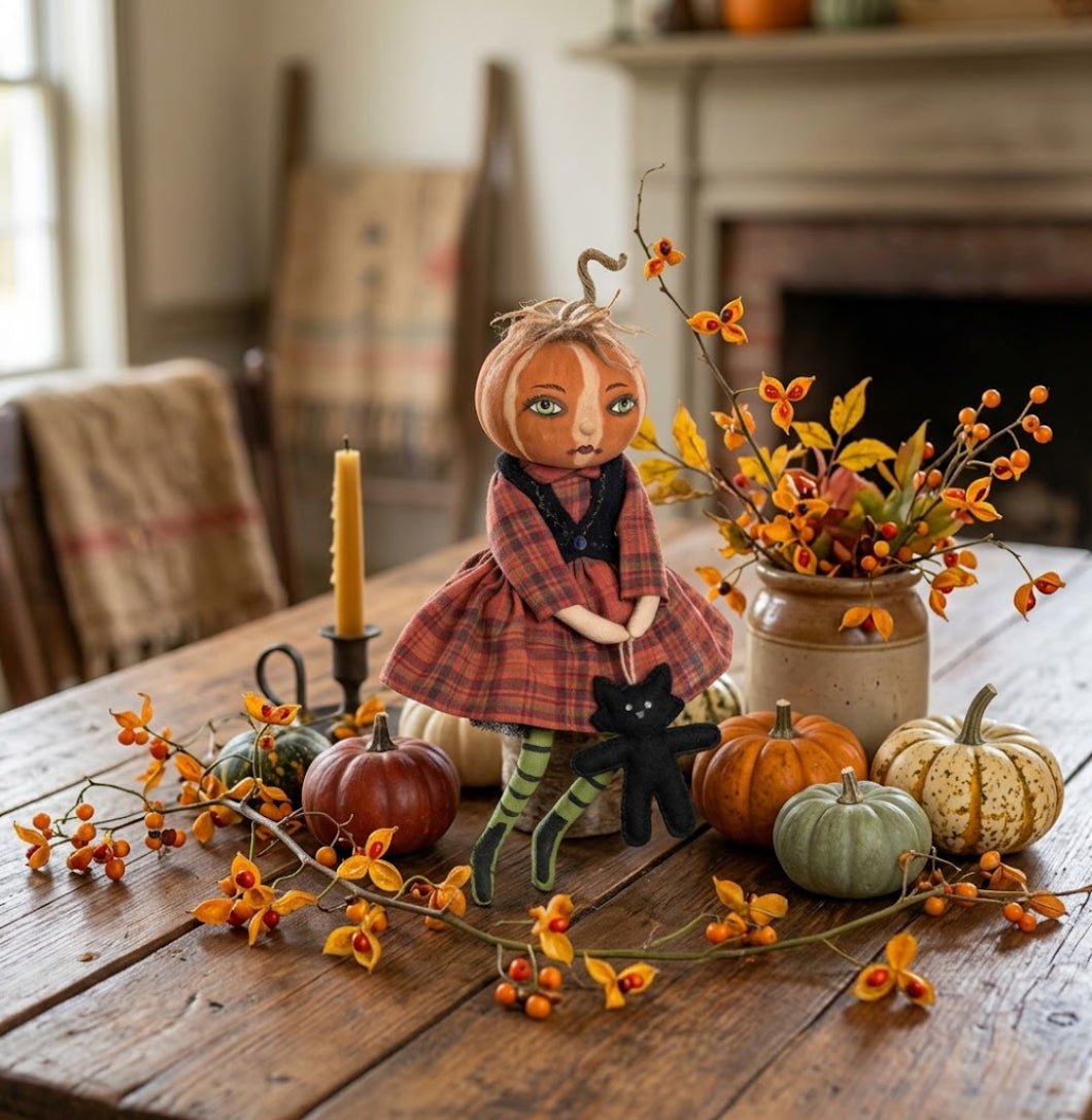 Halloween Folk Art Joe Spencer Nelly Pumpkin Bow w/ Cat Doll - The Primitive Pineapple Collection