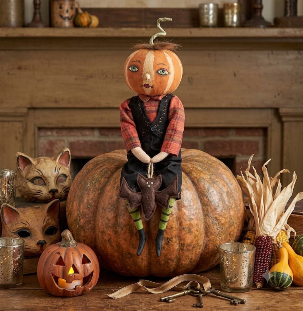 Halloween Folk Art Joe Spencer Nevin Pumpkin Bow w/ Bat Doll 13" - The Primitive Pineapple Collection