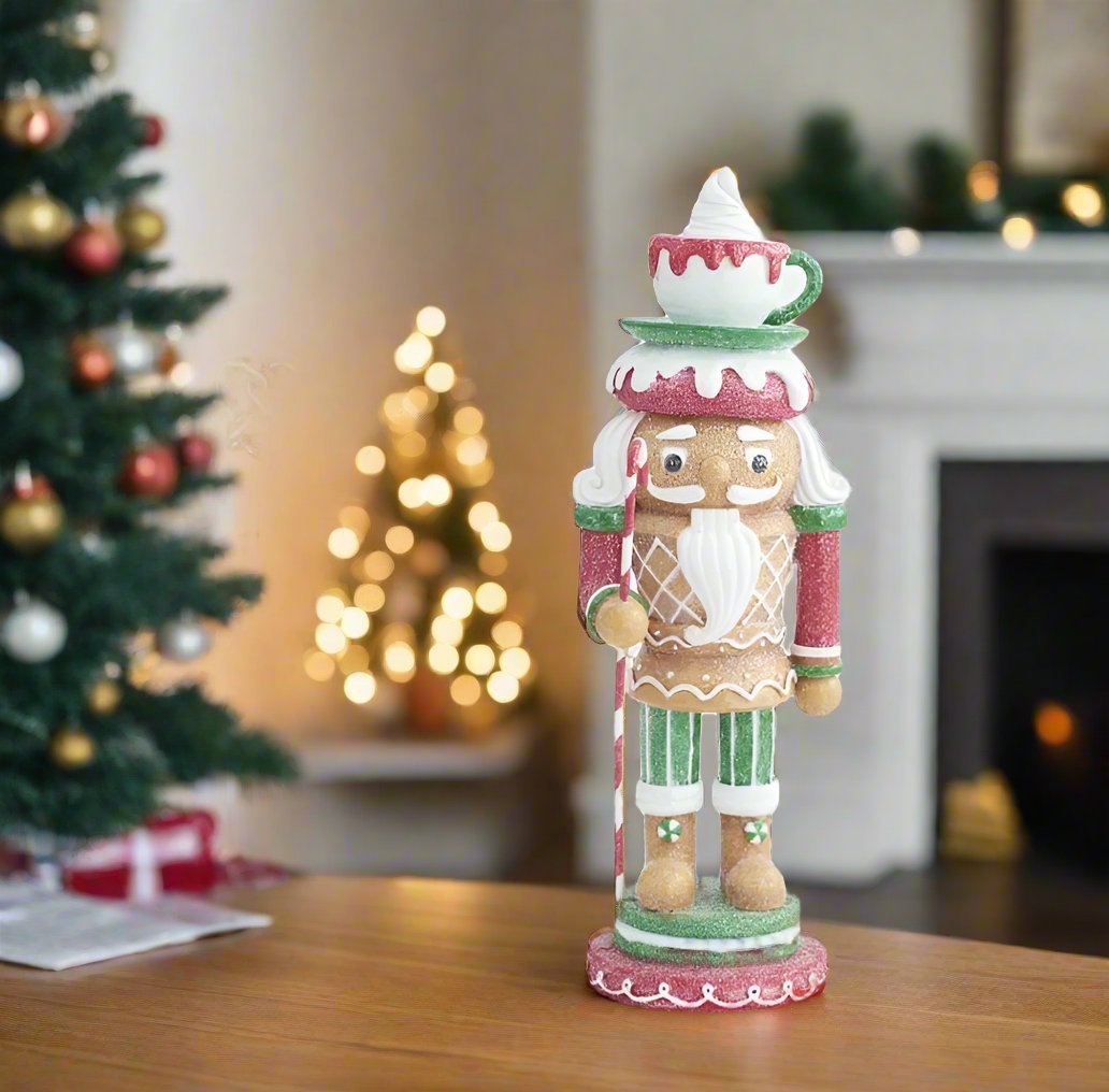 Primitive Christmas Glittered Gingerbread Nutcracker w/ Hot Cocoa Hat 12.5" - The Primitive Pineapple Collection
