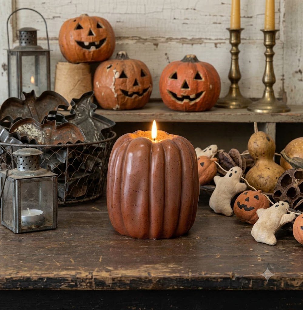 Ragon House Fall Halloween 6.5" Bronze 3D Flame Pumpkin Candle w/ Timer - The Primitive Pineapple Collection
