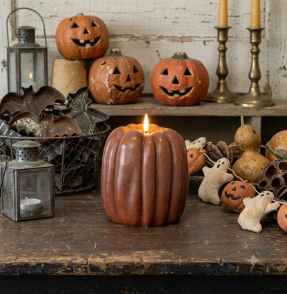 Ragon House Fall Halloween 6.5" Bronze 3D Flame Pumpkin Candle w/ Timer - The Primitive Pineapple Collection