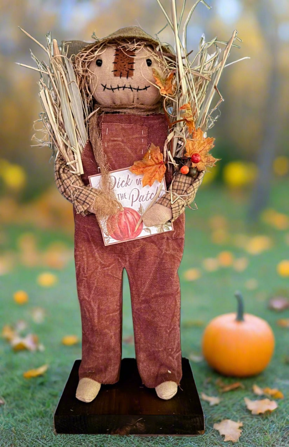 Primitive Folk Art USA Fall Boy Scarecrow on Stand w/Orange Fall Pumpkin Sign 15&quot;