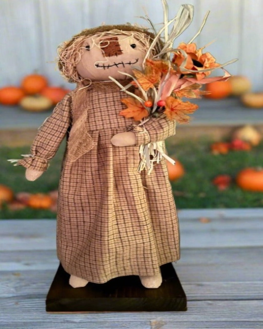 Primitive Folk Art USA Fall Girl Scarecrow on Stand w/ Beige Dress 15&quot;