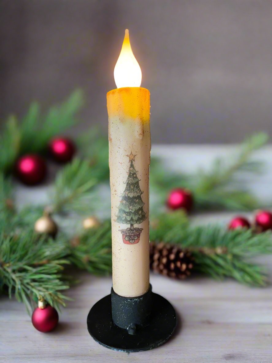 Primitive Handcrafted Christmas 7" Oh Christmas Tree Led Timer Taper Candle - The Primitive Pineapple Collection