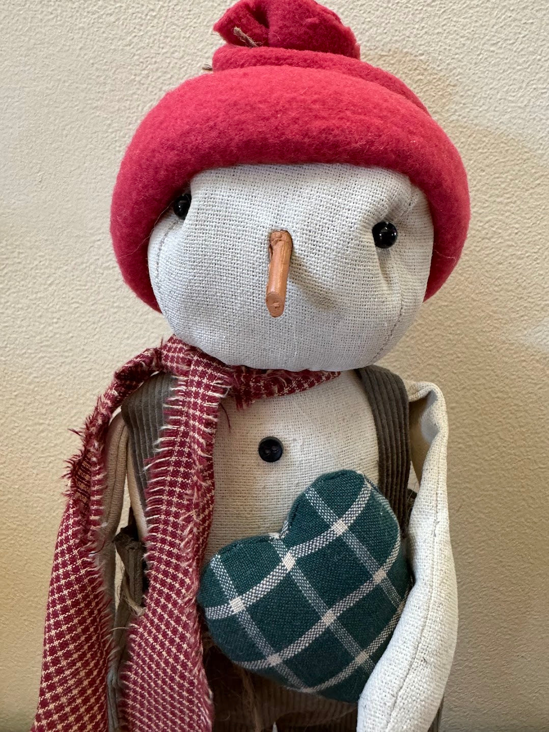 Primitive Handcrafted Christmas Snowman w/ Green Heart on Stand 13&quot;