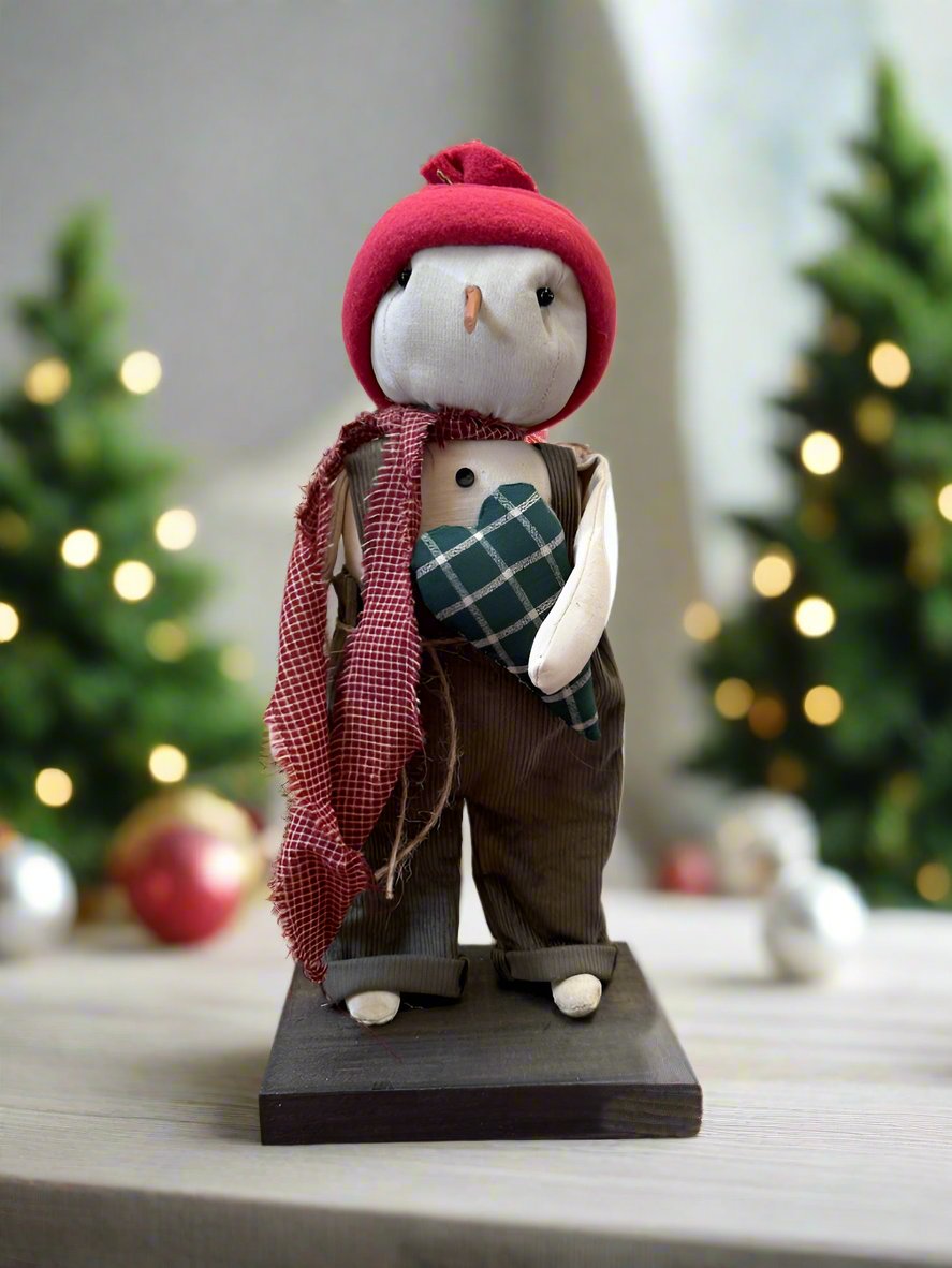 Primitive Handcrafted Christmas Snowman w/ Green Heart on Stand 13&quot;