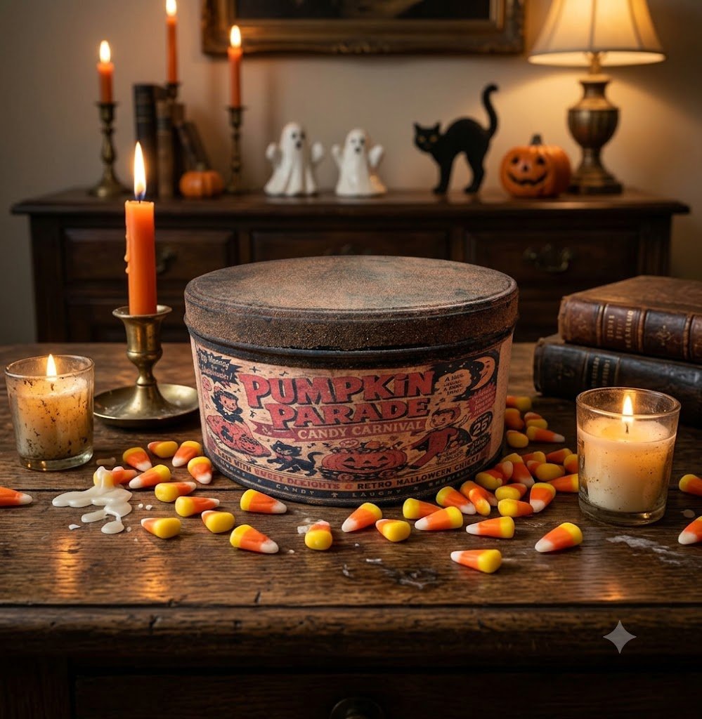 Primitive Halloween Handcrafted USA 7" Retro Pumpkin Parade Tin - The Primitive Pineapple Collection
