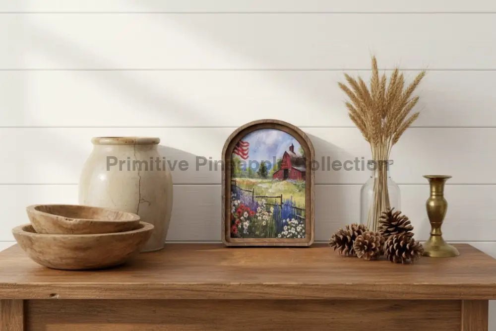 Patriotic Farmhouse Framed Art - Retro Cottage Canvas Wood Arch - 8" - The Primitive Pineapple Collection