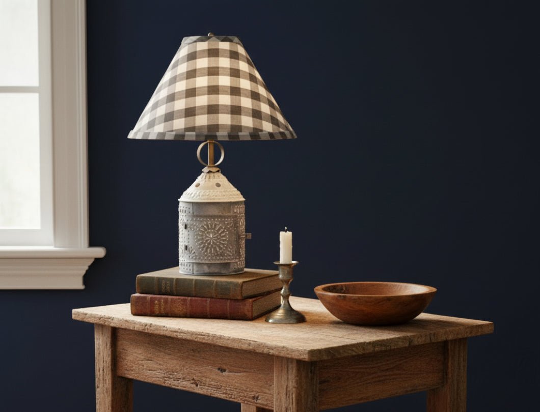 Primitive Country Weathered Punched Tin Paul Revere Lamp w/ Shade - The Primitive Pineapple Collection