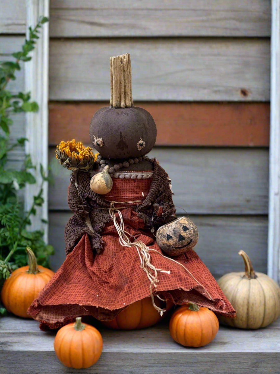 Primitive Handcrafted Pumpkin Doll Paula w/ Gourd and Sunflower 12&quot;