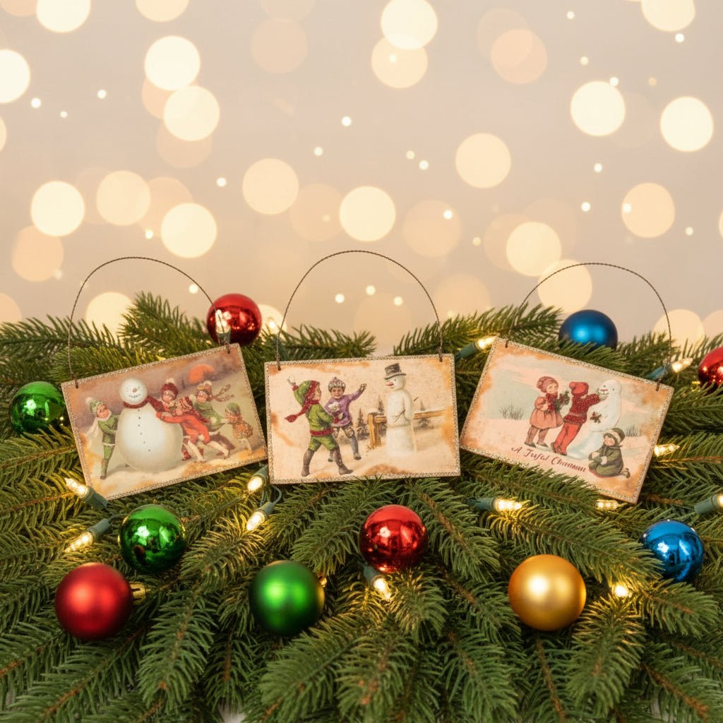 Primitive Christmas Snowman Postcard Ornaments 3 pc Wood - The Primitive Pineapple Collection