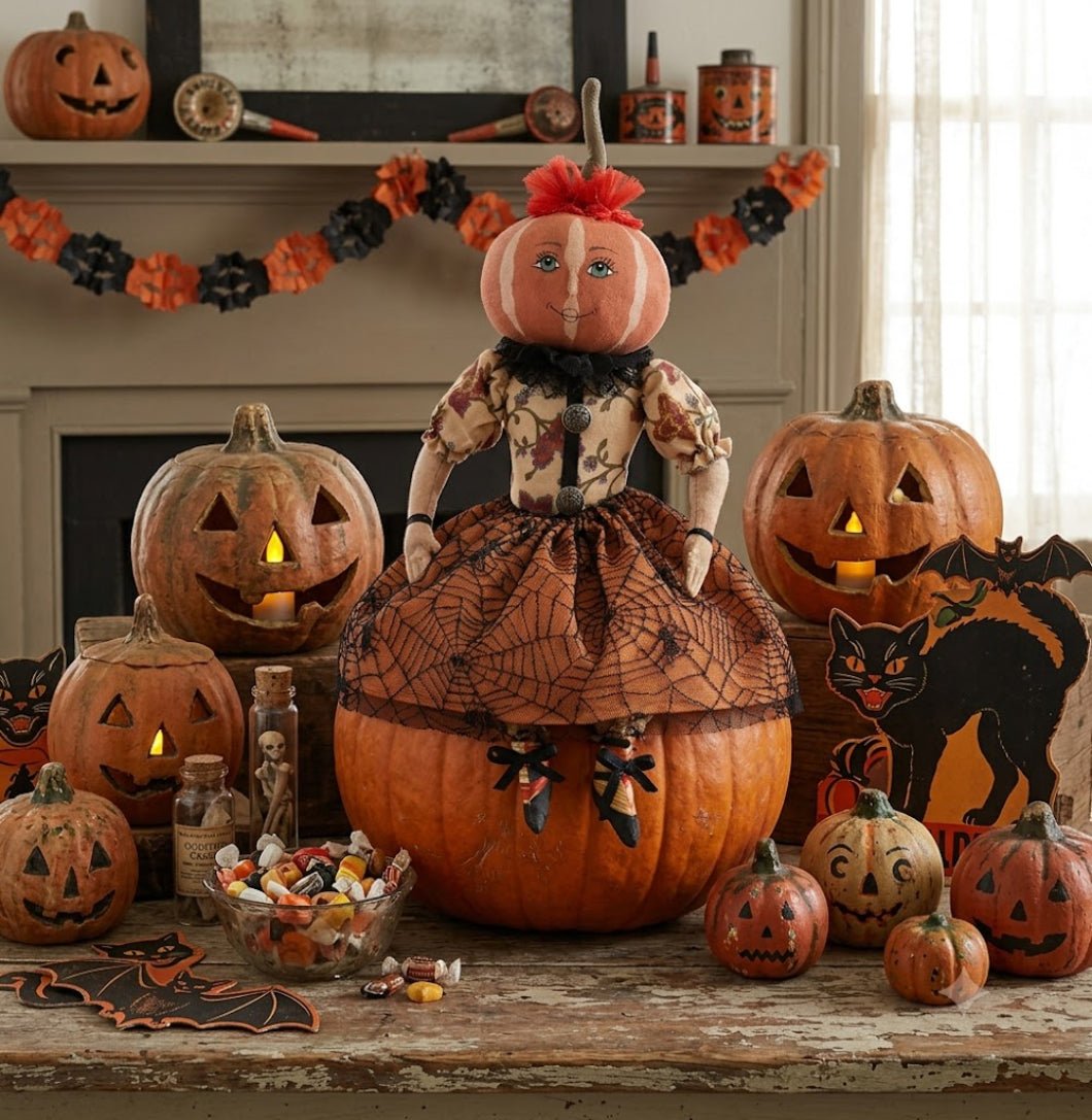 Halloween Fall Folk Art Joe Spencer Penelope Pumpkin Head Girl Doll 18" - The Primitive Pineapple Collection