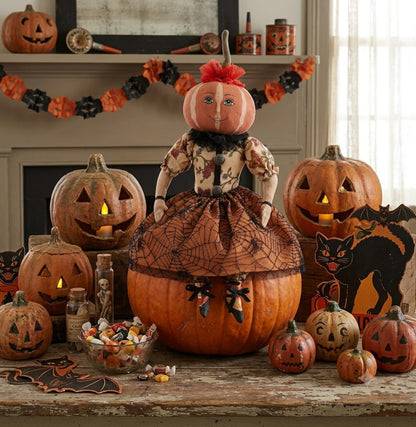 Halloween Fall Folk Art Joe Spencer Penelope Pumpkin Head Girl Doll 18" - The Primitive Pineapple Collection