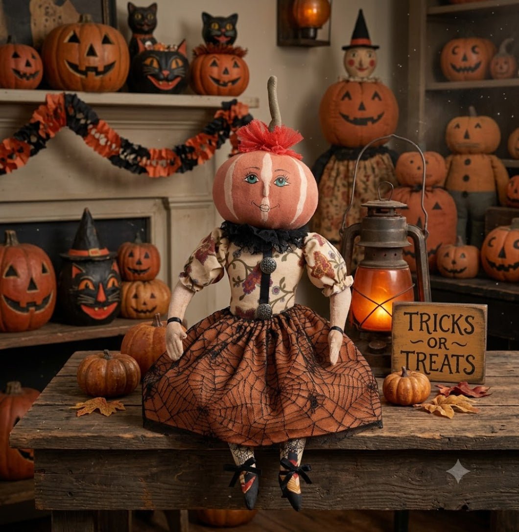 Halloween Fall Folk Art Joe Spencer Penelope Pumpkin Head Girl Doll 18" - The Primitive Pineapple Collection
