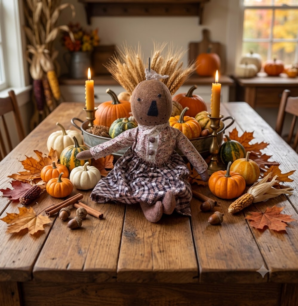 Primitive Fall Halloween Handcrafted 16" Penny Pumpkin Girl Doll