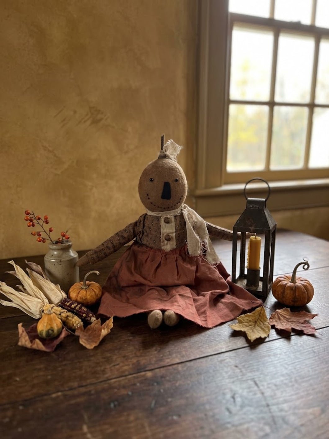 Primitive Fall Halloween Handcrafted 16" Penny Pumpkin Girl Doll - The Primitive Pineapple Collection