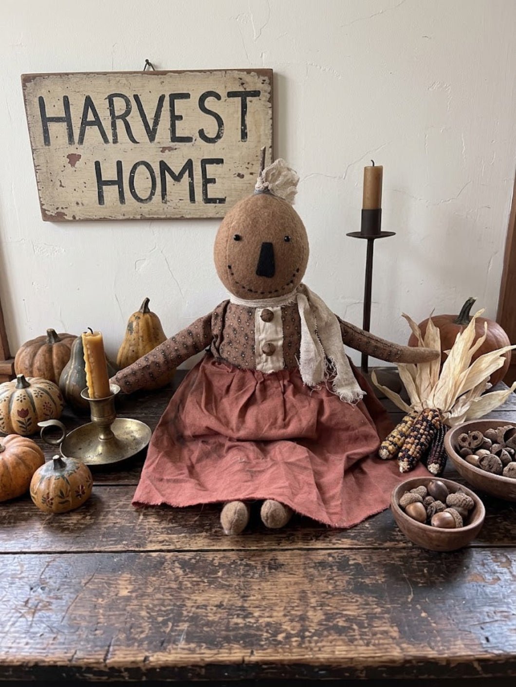 Primitive Fall Halloween Handcrafted 16" Penny Pumpkin Girl Doll - The Primitive Pineapple Collection