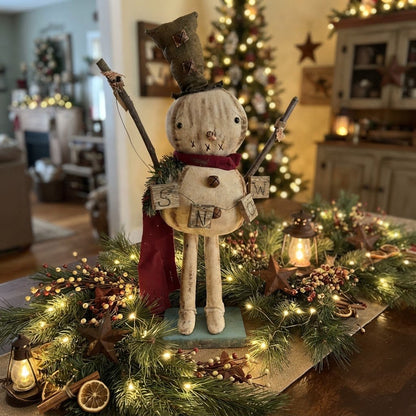 Primitive Handcrafted Phil Snowman with SNOW Banner | 23" Folk Art - The Primitive Pineapple Collection