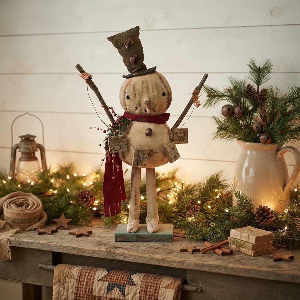 Primitive Handcrafted Phil Snowman with SNOW Banner | 23" Folk Art - The Primitive Pineapple Collection